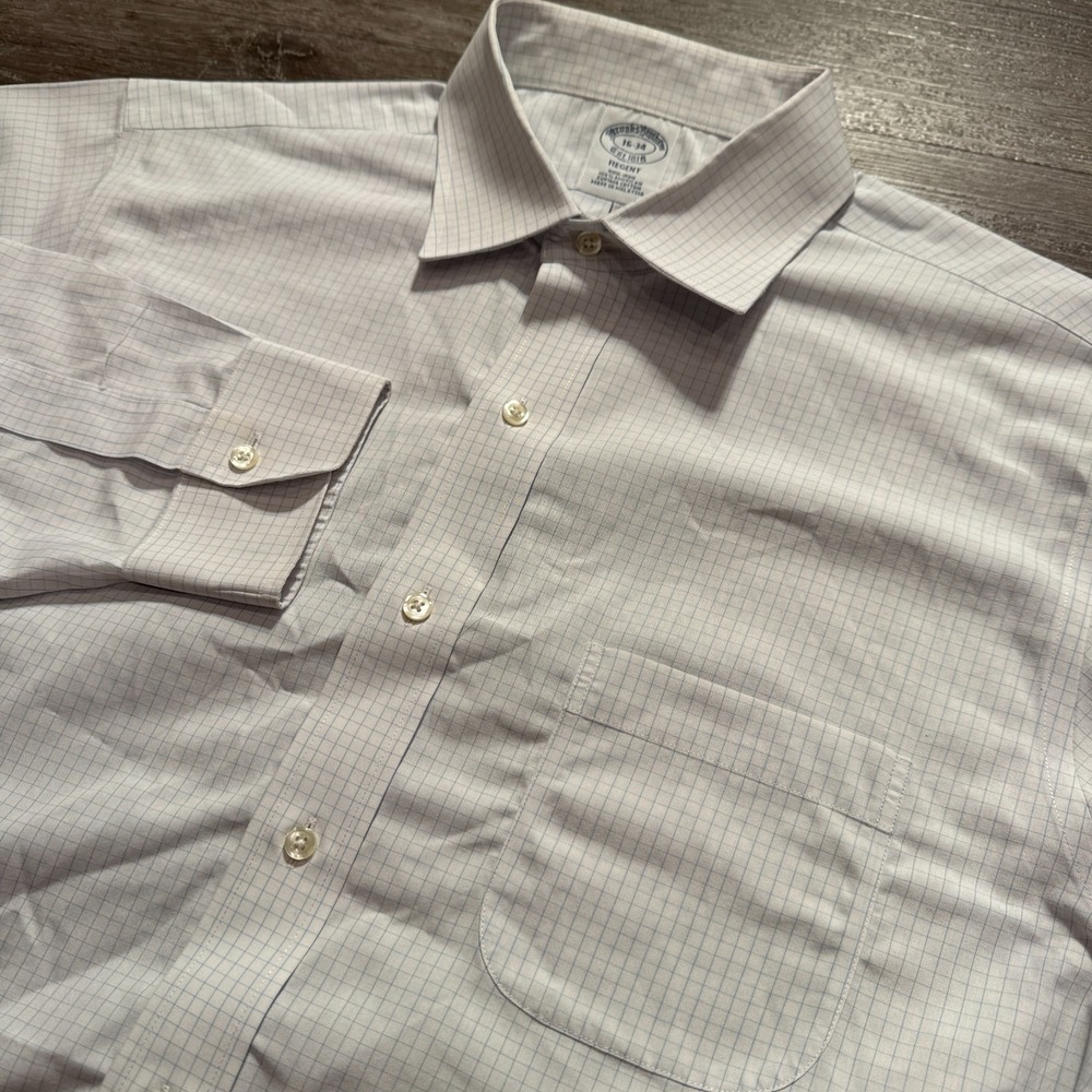 Brooks Brothers Dress Shirt Mens 16 34 Blue Check Supima Cotton Regent Non-Iron